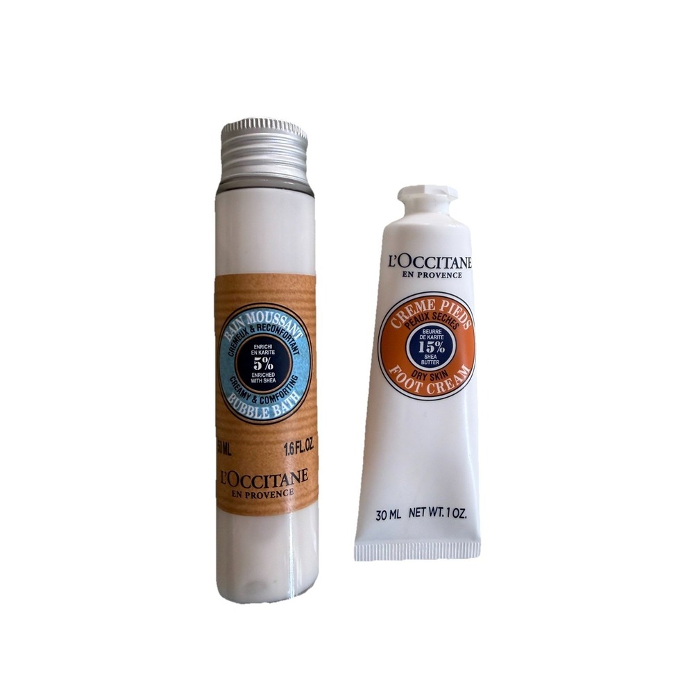 L'Occitane Dry Skin Foot Cream 1 Oz & Bubble Bath 1.6 Oz Travel